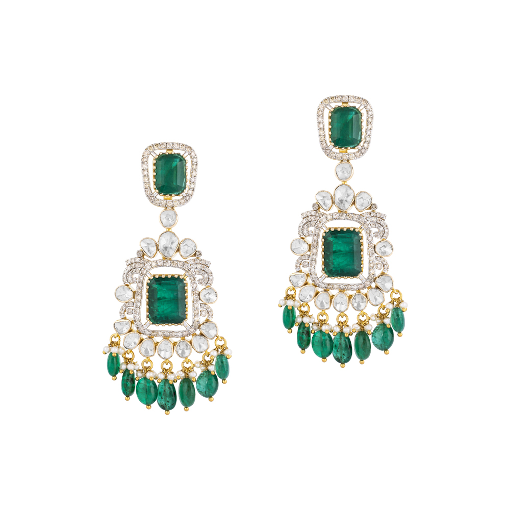 Polki Earrings with Emerald Colourstones & Drops